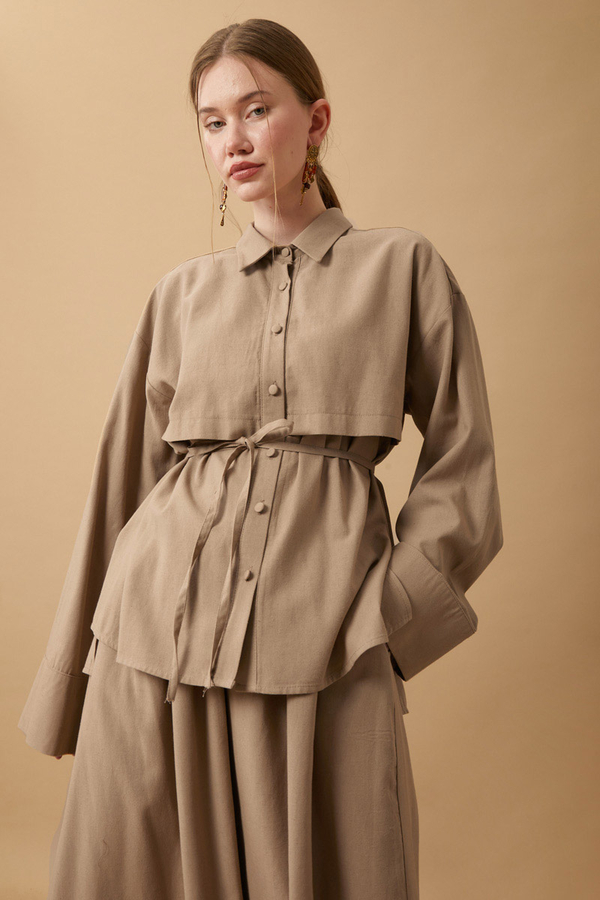 Rüzgarlıklı Keten Etek Takım Vizon - 20