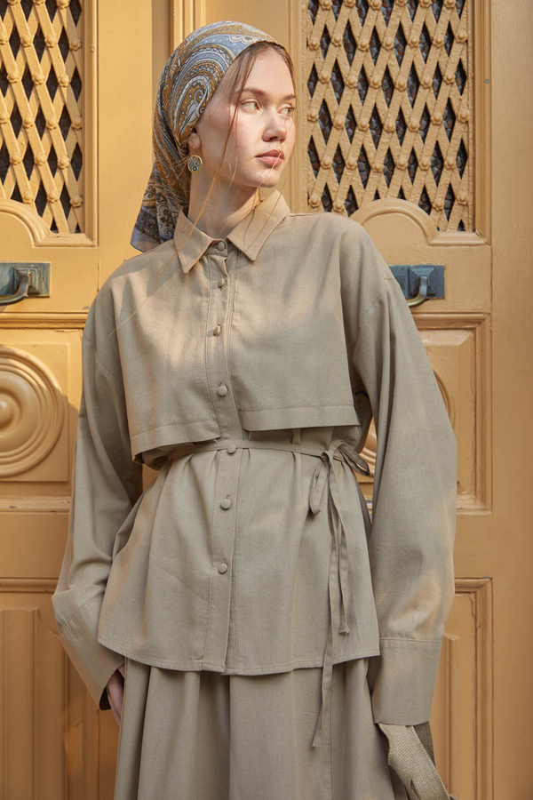 Rüzgarlıklı Keten Etek Takım Vizon - 9