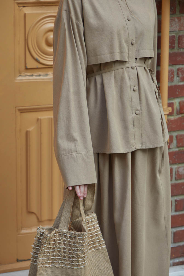 Rüzgarlıklı Keten Etek Takım Vizon - 7