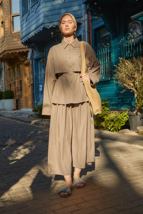 Rüzgarlıklı Keten Etek Takım Vizon - 2