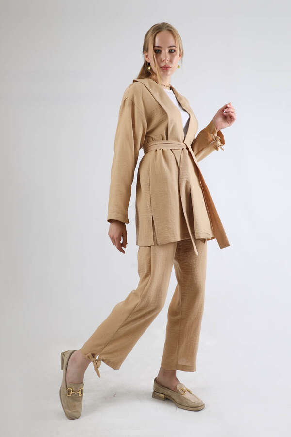 Şal Yaka Kimono Takım Bej - 1