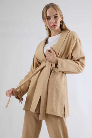 Şal Yaka Kimono Takım Bej - 2