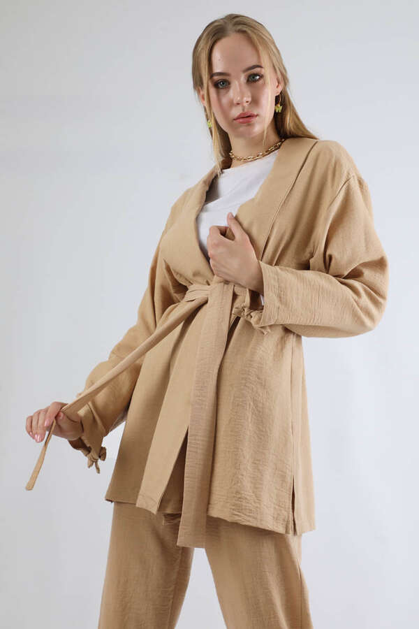 Şal Yaka Kimono Takım Bej - 2