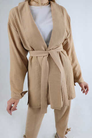 Şal Yaka Kimono Takım Bej - 4