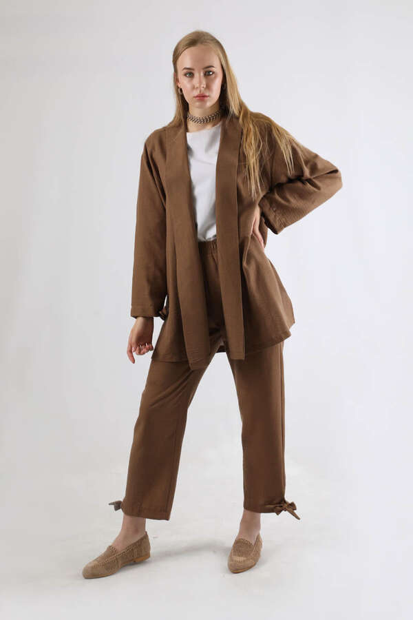 Şal Yaka Kimono Takım Kahve - 1