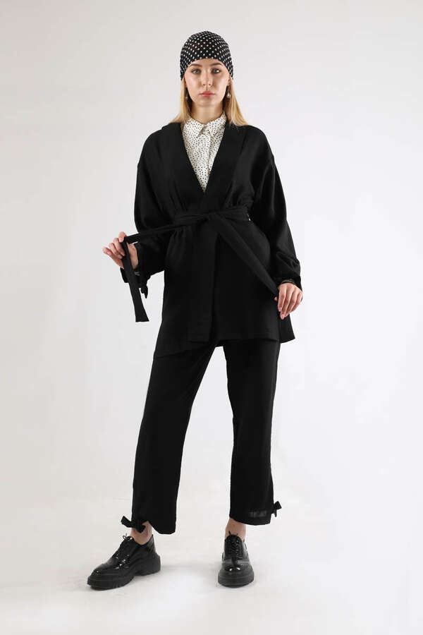 Şal Yaka Kimono Takım Siyah - 1