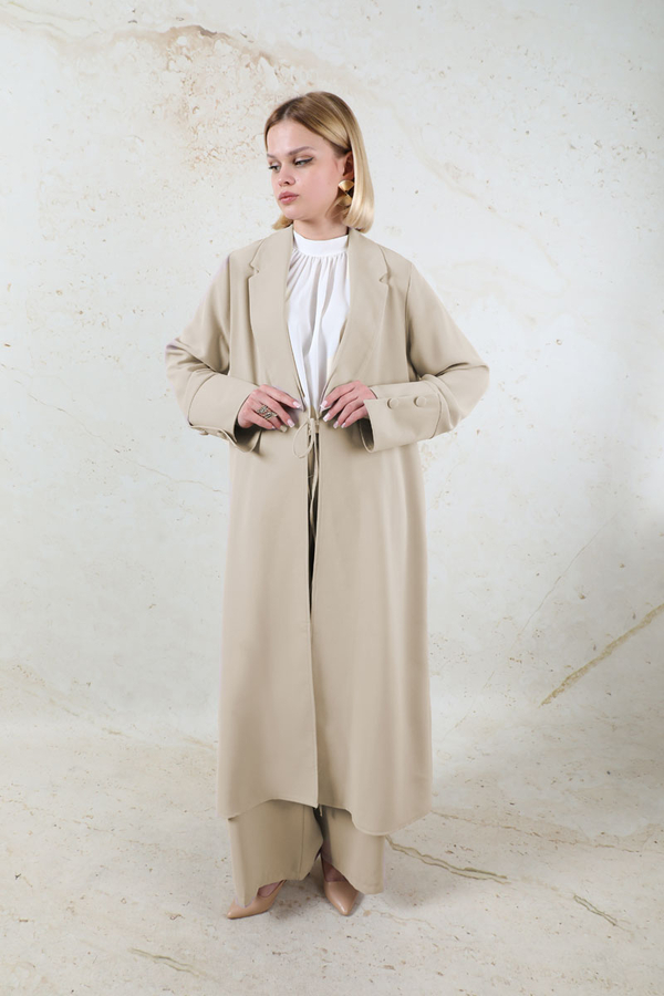 Şal Yaka Krep Takım Bej - 2