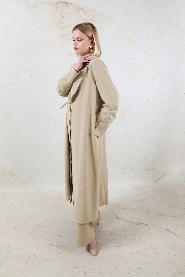 Şal Yaka Krep Takım Bej - 6