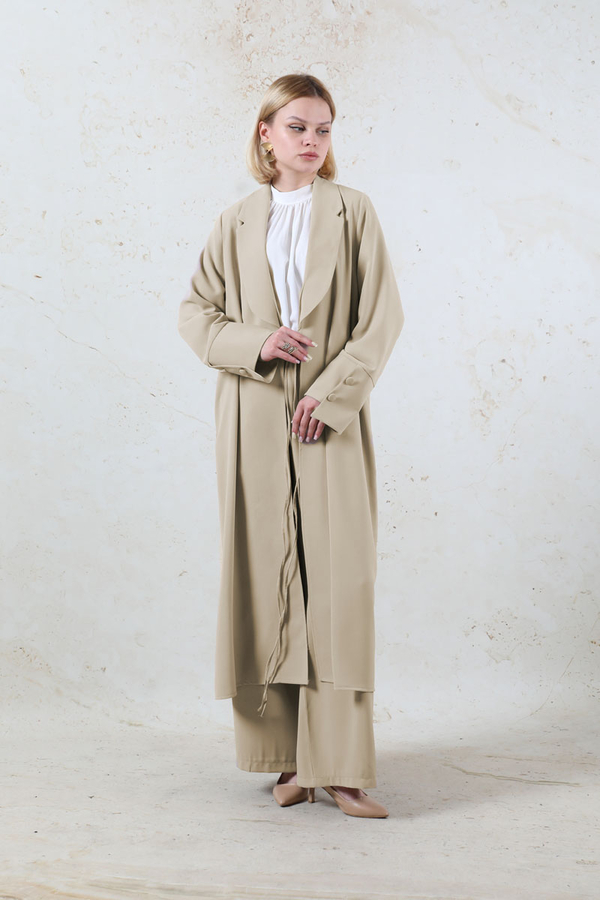 Şal Yaka Krep Takım Bej - 5