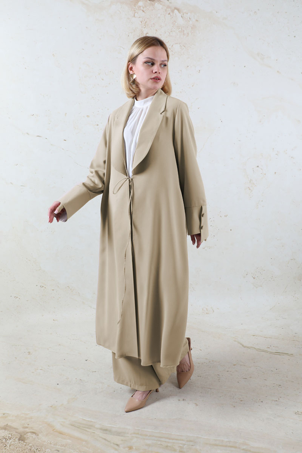 Şal Yaka Krep Takım Bej 