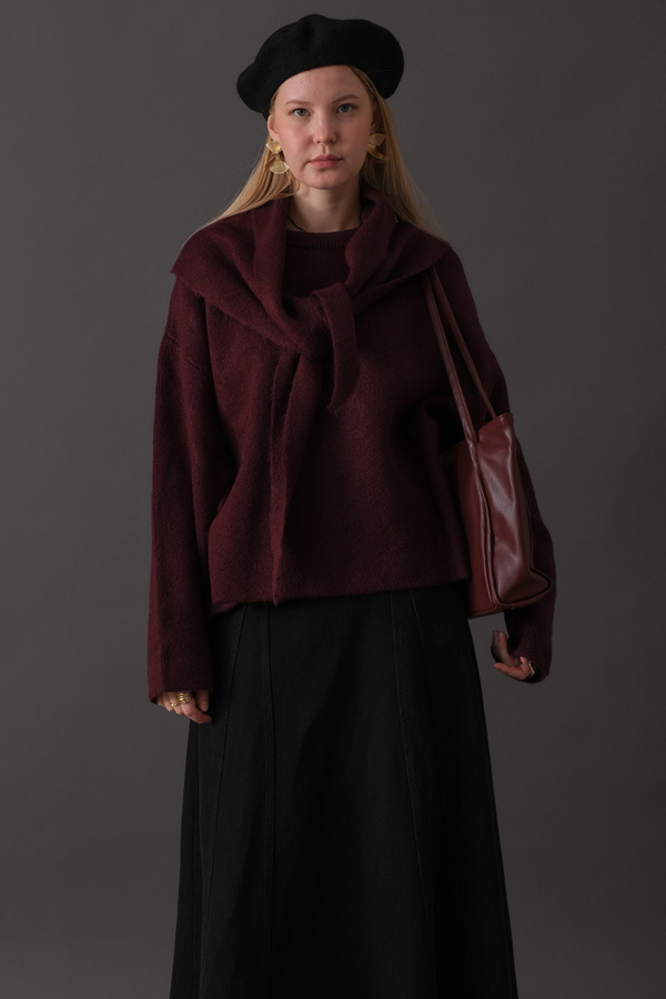 Scarf Detail Knit Sweater Burgundy - 10