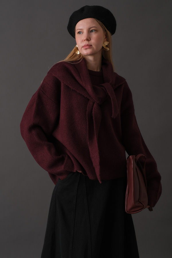 Scarf Detail Knit Sweater Burgundy - 6