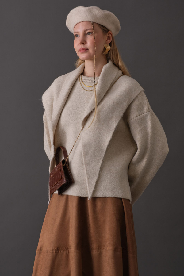 Scarf Detail Knit Sweater Stone - 5