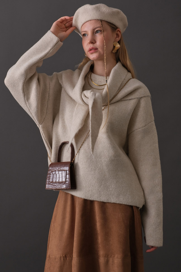 Scarf Detail Knit Sweater Stone - 3