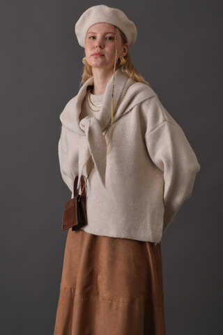 Scarf Detail Knit Sweater Stone - 6