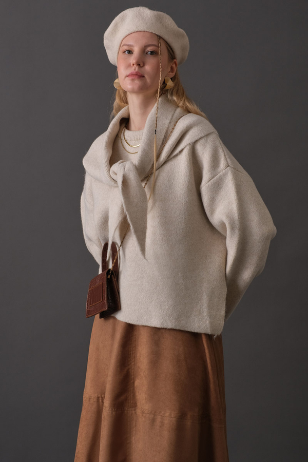 Scarf Detail Knit Sweater Stone - 6