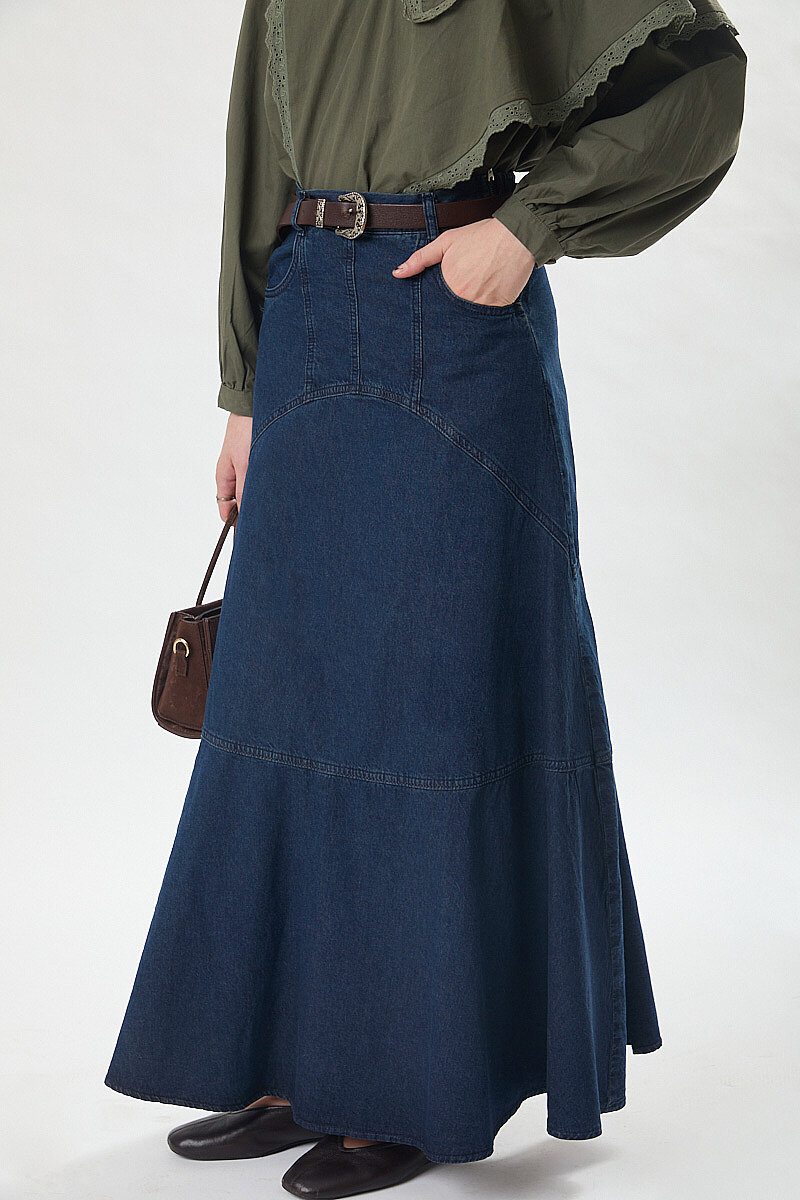 Seam Detail Denim Skirt Dark Blue - 5