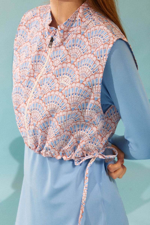 Seashell Pattern Modest Swimsuit Baby Blue - 3