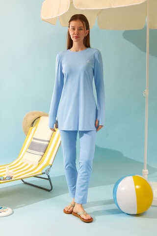 Seashell Pattern Modest Swimsuit Baby Blue - 2