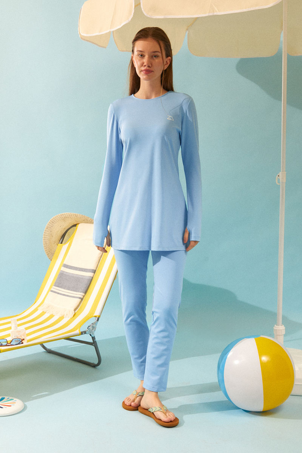 Seashell Pattern Modest Swimsuit Baby Blue - 2