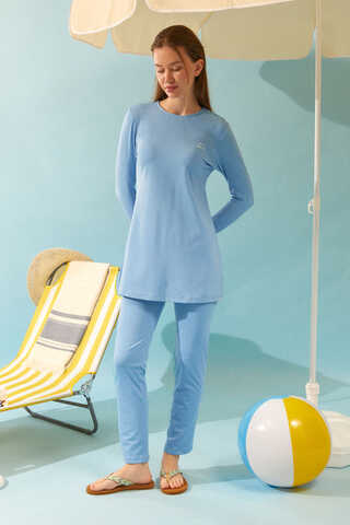 Seashell Pattern Modest Swimsuit Baby Blue - 4