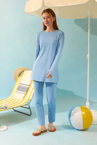 Seashell Pattern Modest Swimsuit Baby Blue - 6