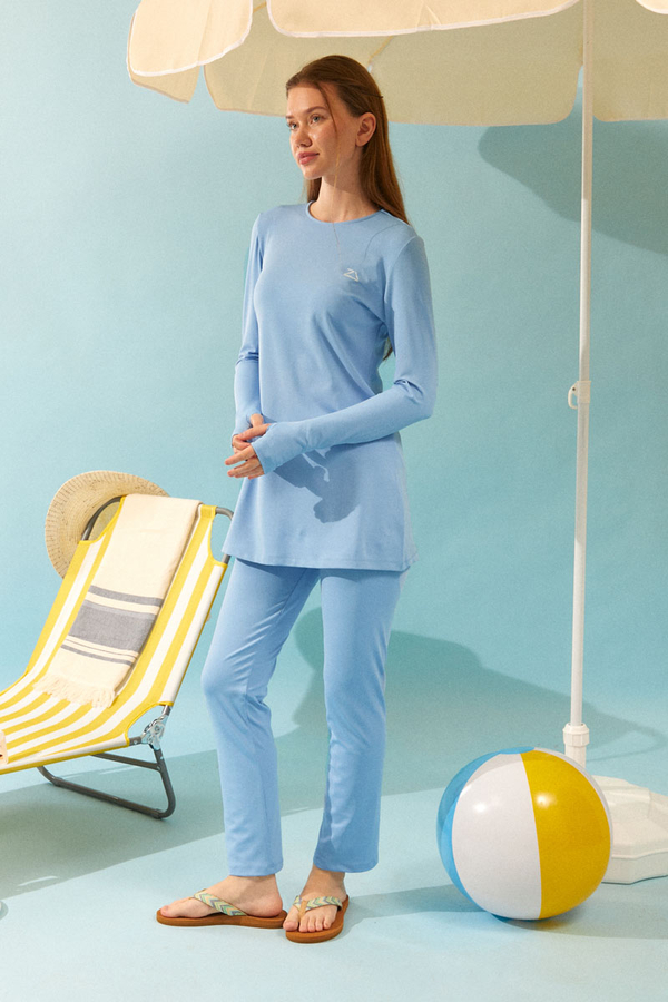 Seashell Pattern Modest Swimsuit Baby Blue - 8