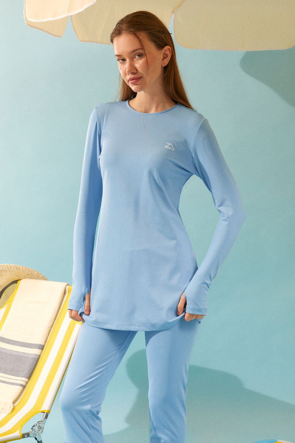 Seashell Pattern Modest Swimsuit Baby Blue - 9