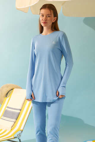 Seashell Pattern Modest Swimsuit Baby Blue - 10