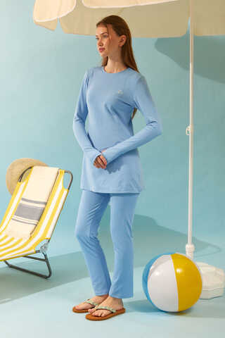 Seashell Pattern Modest Swimsuit Baby Blue - 12