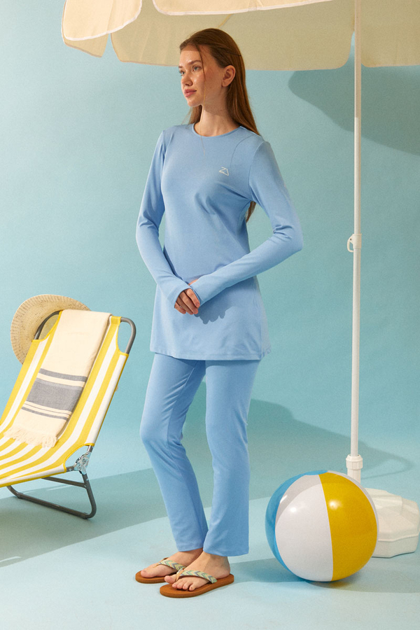 Seashell Pattern Modest Swimsuit Baby Blue - 12