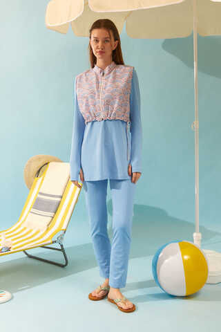 Seashell Pattern Modest Swimsuit Baby Blue - 14