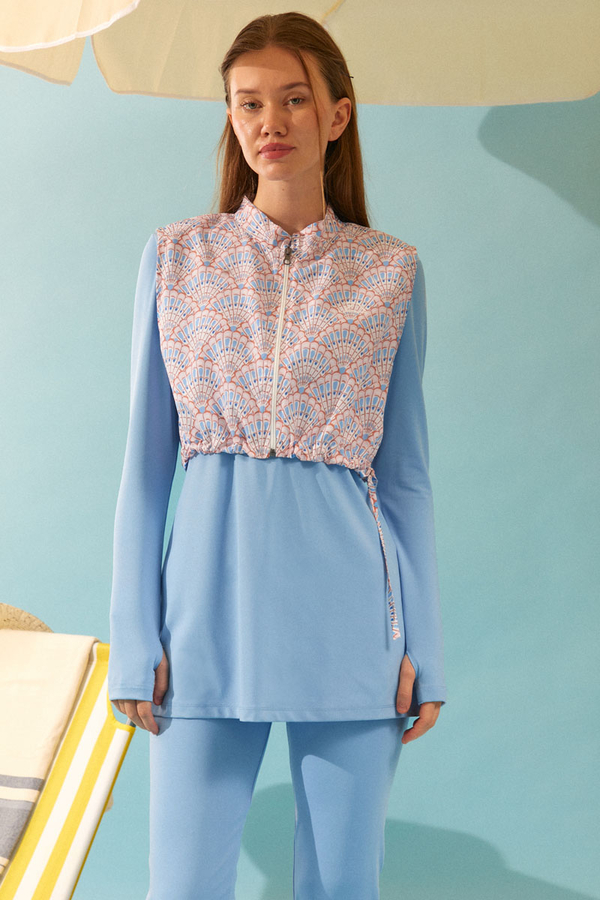 Seashell Pattern Modest Swimsuit Baby Blue - 15