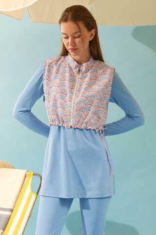 Seashell Pattern Modest Swimsuit Baby Blue - 5