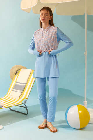 Seashell Pattern Modest Swimsuit Baby Blue - 1