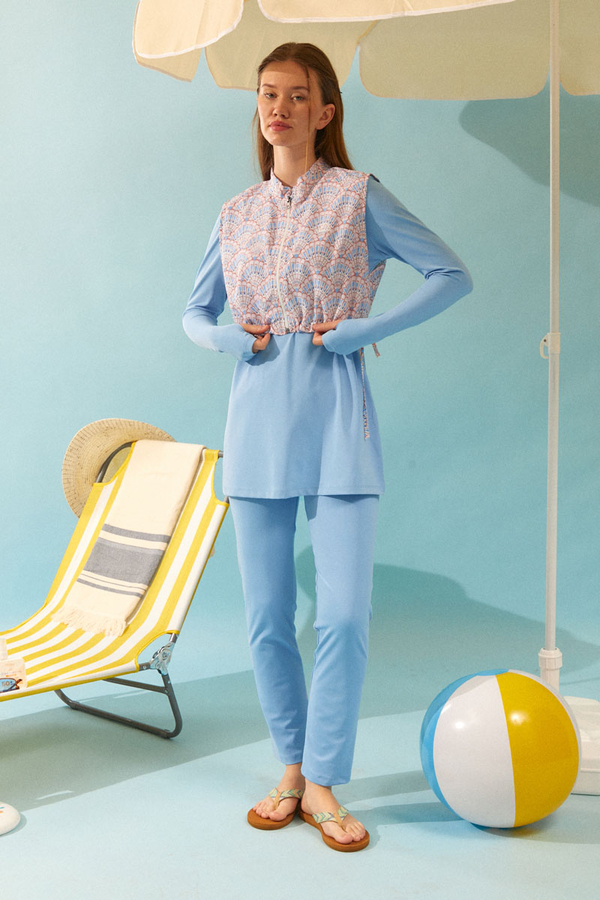 Seashell Pattern Modest Swimsuit Baby Blue 