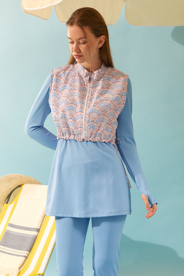 Seashell Pattern Modest Swimsuit Baby Blue - 16