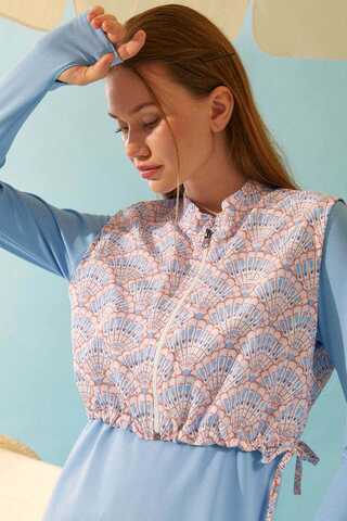 Seashell Pattern Modest Swimsuit Baby Blue - 18