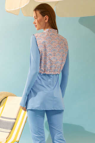 Seashell Pattern Modest Swimsuit Baby Blue - 17
