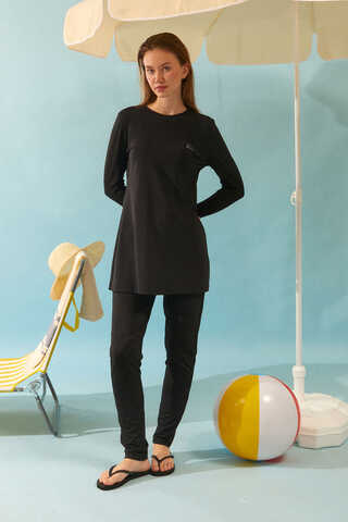 Seashell Pattern Modest Swimsuit Black - 2