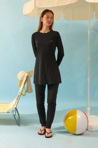 Seashell Pattern Modest Swimsuit Black - 5