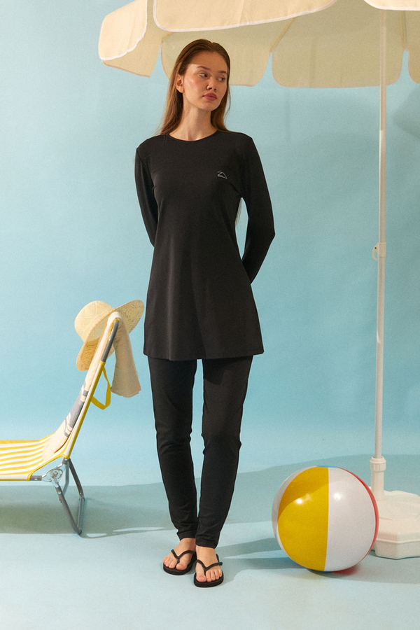 Seashell Pattern Modest Swimsuit Black - 5