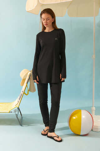 Seashell Pattern Modest Swimsuit Black - 6