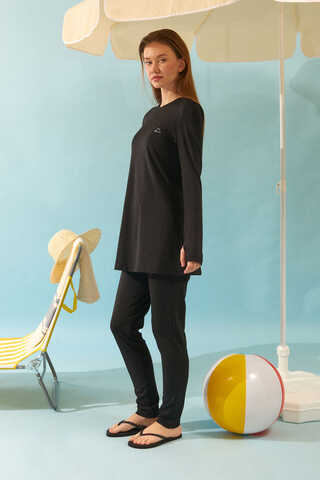 Seashell Pattern Modest Swimsuit Black - 7