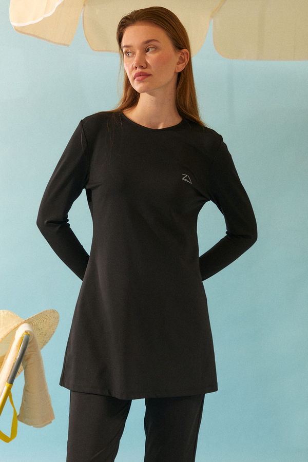 Seashell Pattern Modest Swimsuit Black - 3