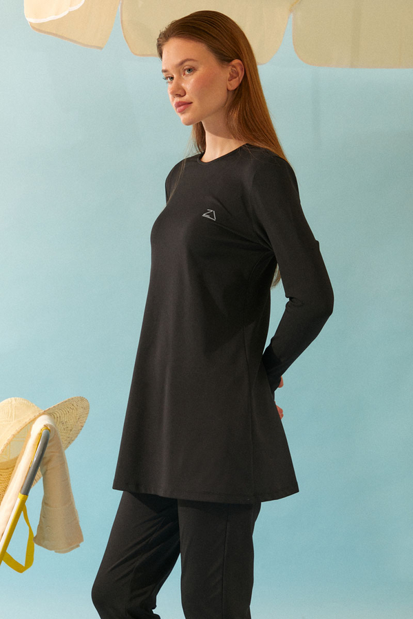 Seashell Pattern Modest Swimsuit Black - 9