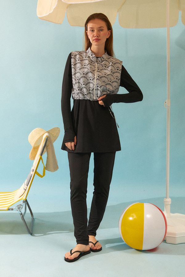 Seashell Pattern Modest Swimsuit Black - 10