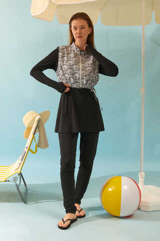 Seashell Pattern Modest Swimsuit Black - 11