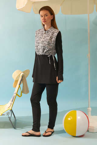 Seashell Pattern Modest Swimsuit Black - 4