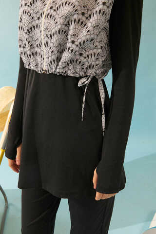 Seashell Pattern Modest Swimsuit Black - 13